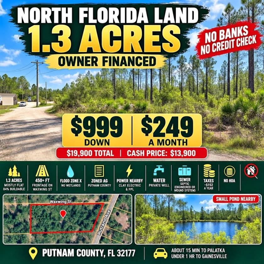 1.3-Acre Agricultural Land for Sale in Palatka, FL - $999 Down, $249/mo Owner Financing